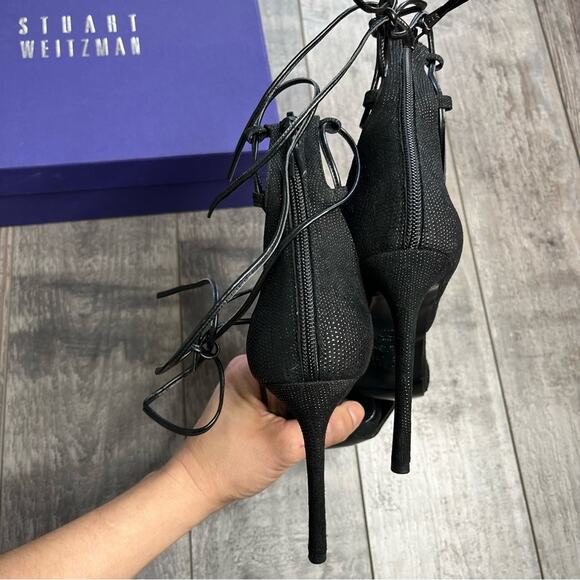 STUART WEITZMAN Legwrap Black Goose Bump Stiletto Sandal Heels with Box 8.5 - Picture 6 of 15